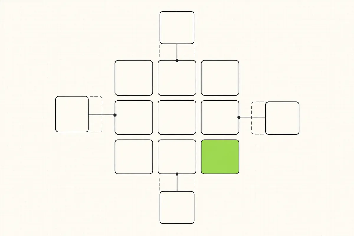 Schematisches Raster aus neun App-Kacheln, aus dem drei ausgewählte hervorgehoben sind