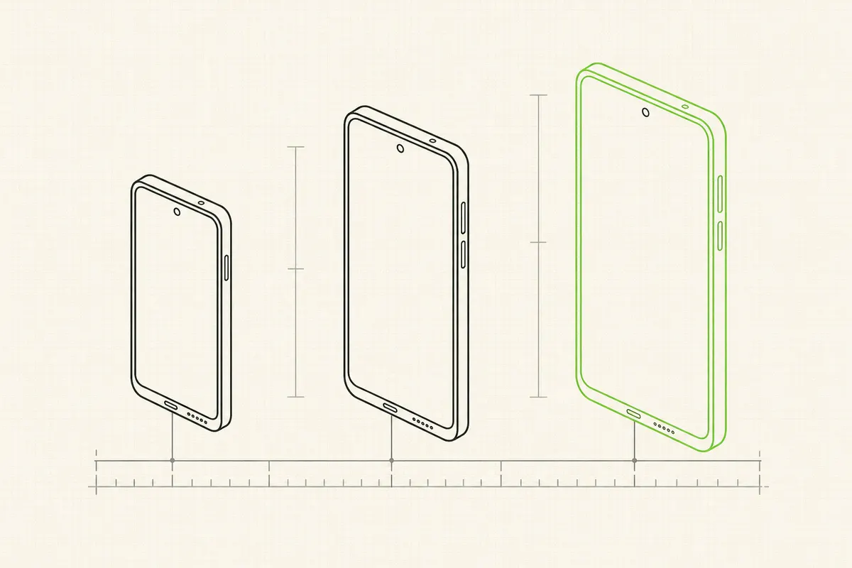 Schematischer Größenvergleich dreier Android-Smartphones auf einer Messlinie