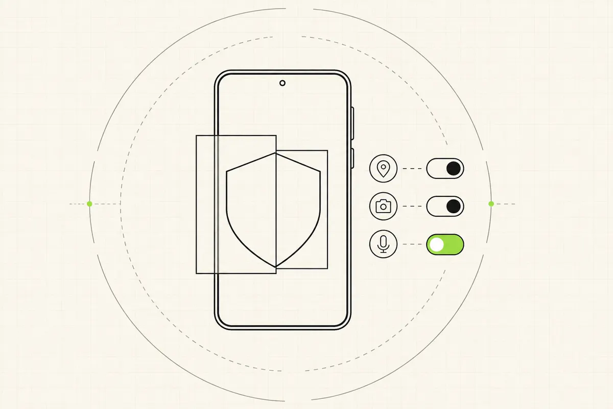 Schematische Darstellung der Android-Sicherheit: Smartphone mit Schutzschild und drei Berechtigungsschaltern