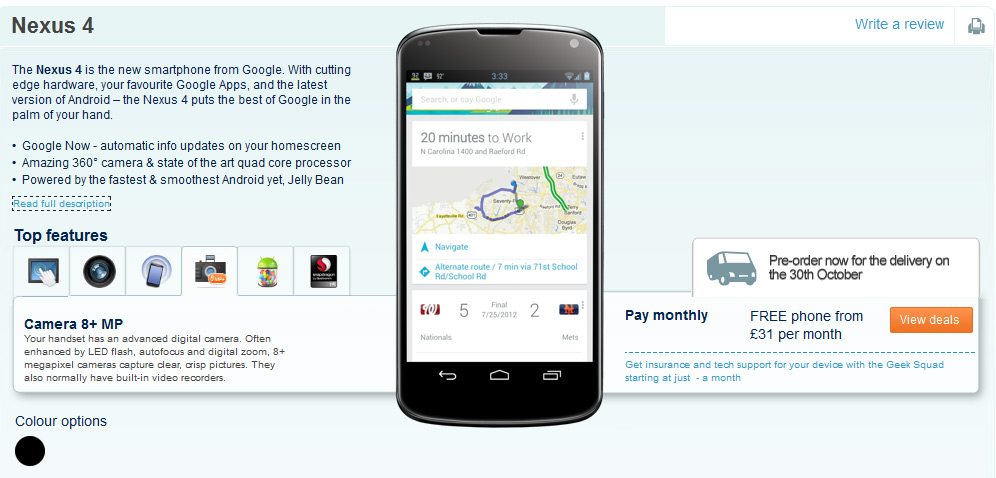 LG Nexus 4 bei Carphone Warehouse (Bild: Screenshot) LG Nexus 4 bei Carphone Warehouse (Bild: Screenshot)