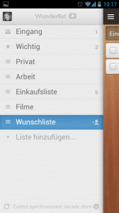 Wunderlist - Menüleiste mit Listen Wunderlist Menüleiste mit Listen