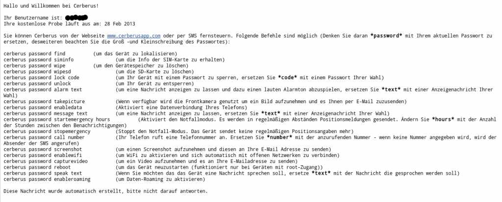 Cerberus Anti-Diebstahl - Willkommensmail Abbildung zum Artikel „Test: Cerberus Anti-Diebstahl – Handy verloren? Cerberus hilft beim Wiederfinden“