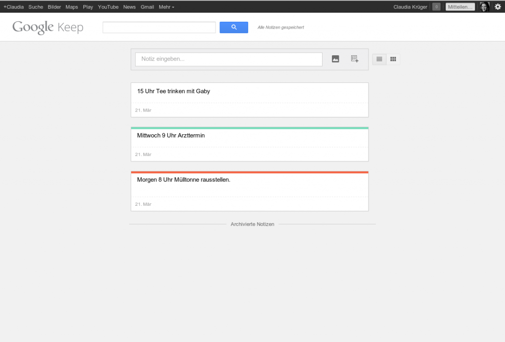 Google Keep - Im Computer-Browser Abbildung zum Artikel „Test: Google Keep – Evernote-Konkurrent mit Ergänzungsbedarf“