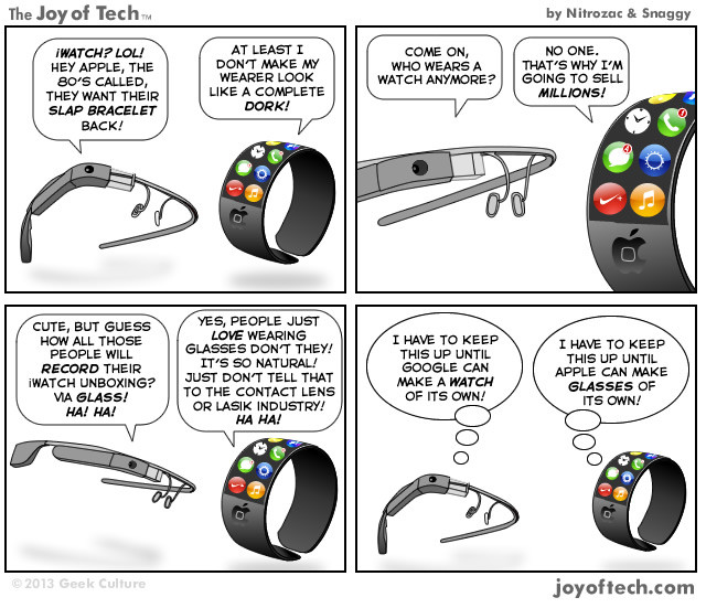 Google Glass vs. iWatch (Bild: Joyoftech) Google Glass vs. iWatch (Bild: Joyoftech)