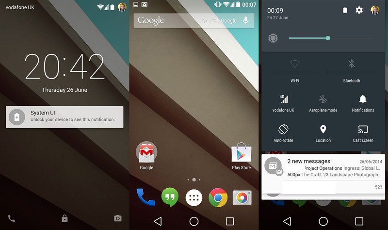 Android L Lockscreen, Homescreen, Notification-Bar (Screenshots: Androidcentral.com)