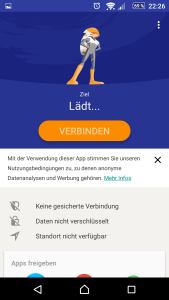 1.) Gewohntes Bild: Zum Start des VPN-Services verbindet sich die App mit einem der Server...